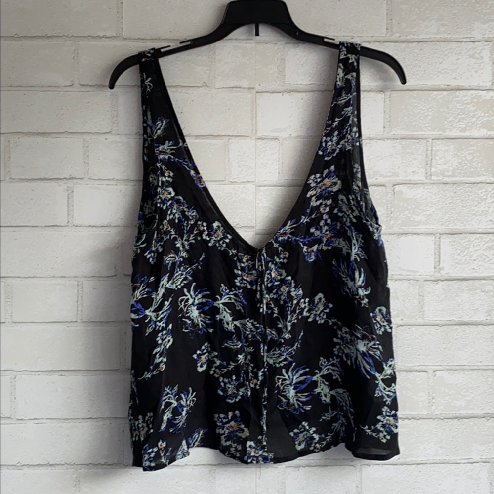 Free People Black Blue Floral Tie Front Top